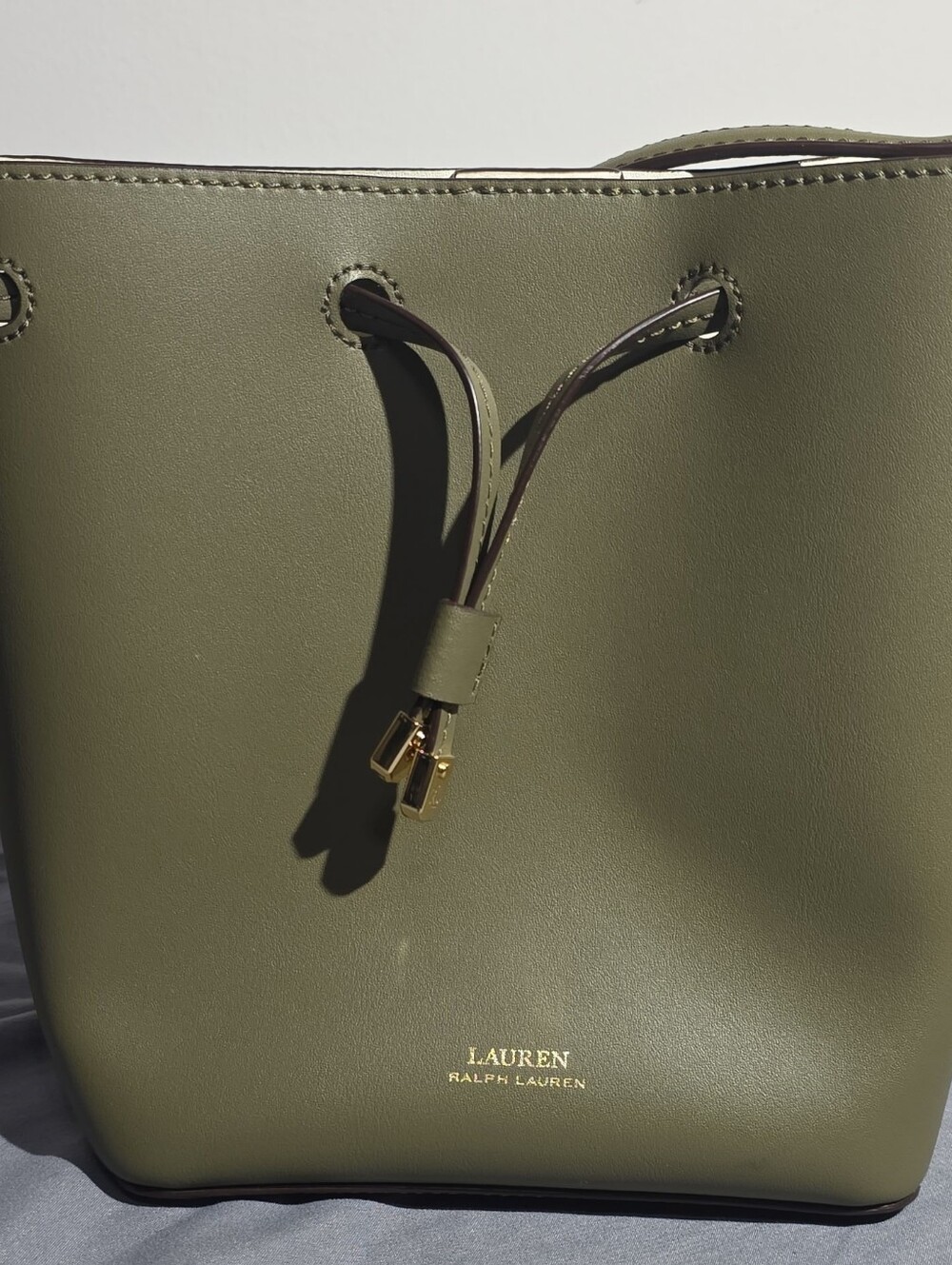 Lauren Ralph Lauren Olive Green Leather Drawstring Tote
